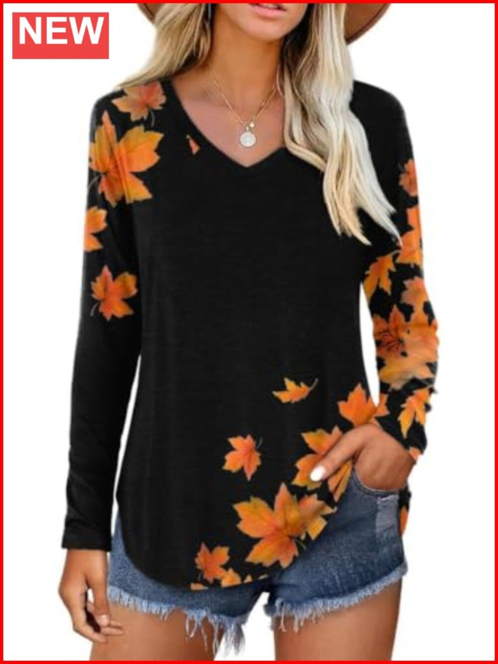 Women's Cotton Polyester V-Neck Long Sleeve Graphic T-Shirt Fall Halloween